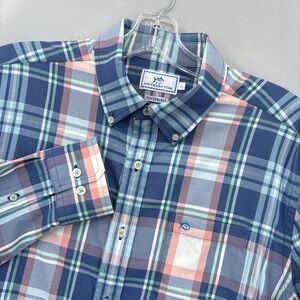 Southern Tide Shirt Men Large Blue Pink Plaid Performance Button Down Madras
